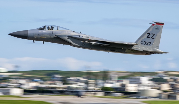 A F-15C Eagle assigned to the 44th Fighter Squadron takes off during a training mission at Kadena Air Base, Japan, July 12, 2022. Kadena Air Base conducts operations in support of the defense of Japan, as well as U.S. efforts to preserve a free-and-open Indo-Pacific. (U.S. Air Force photo by Airman 1st Class Moses Taylor)